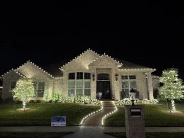 Lit walkway and trees at a home