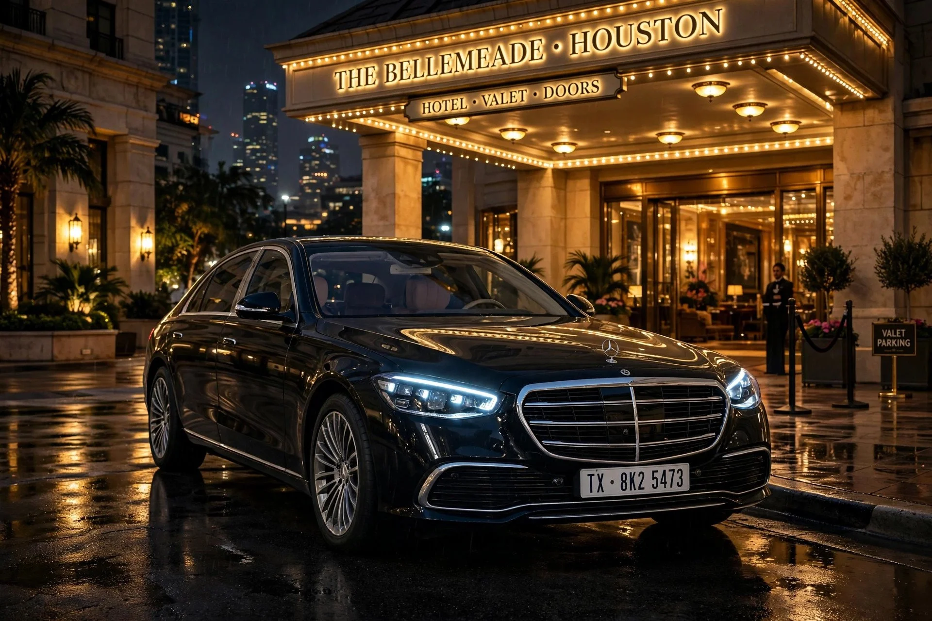 Representative black luxury sedan outside an illuminated hotel entrance