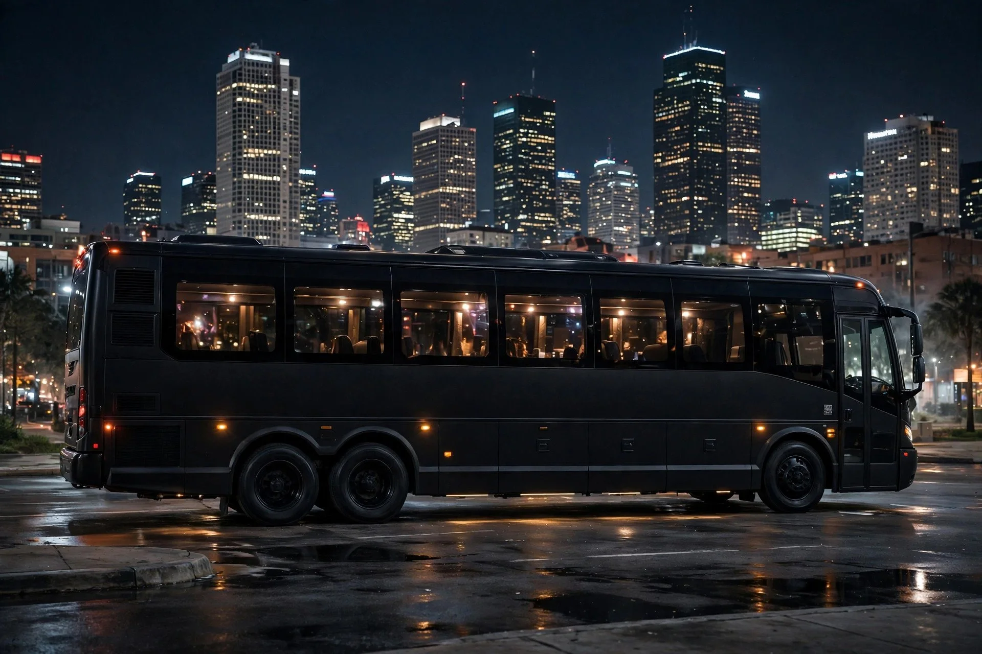 Representative black passenger coach with a city skyline at night