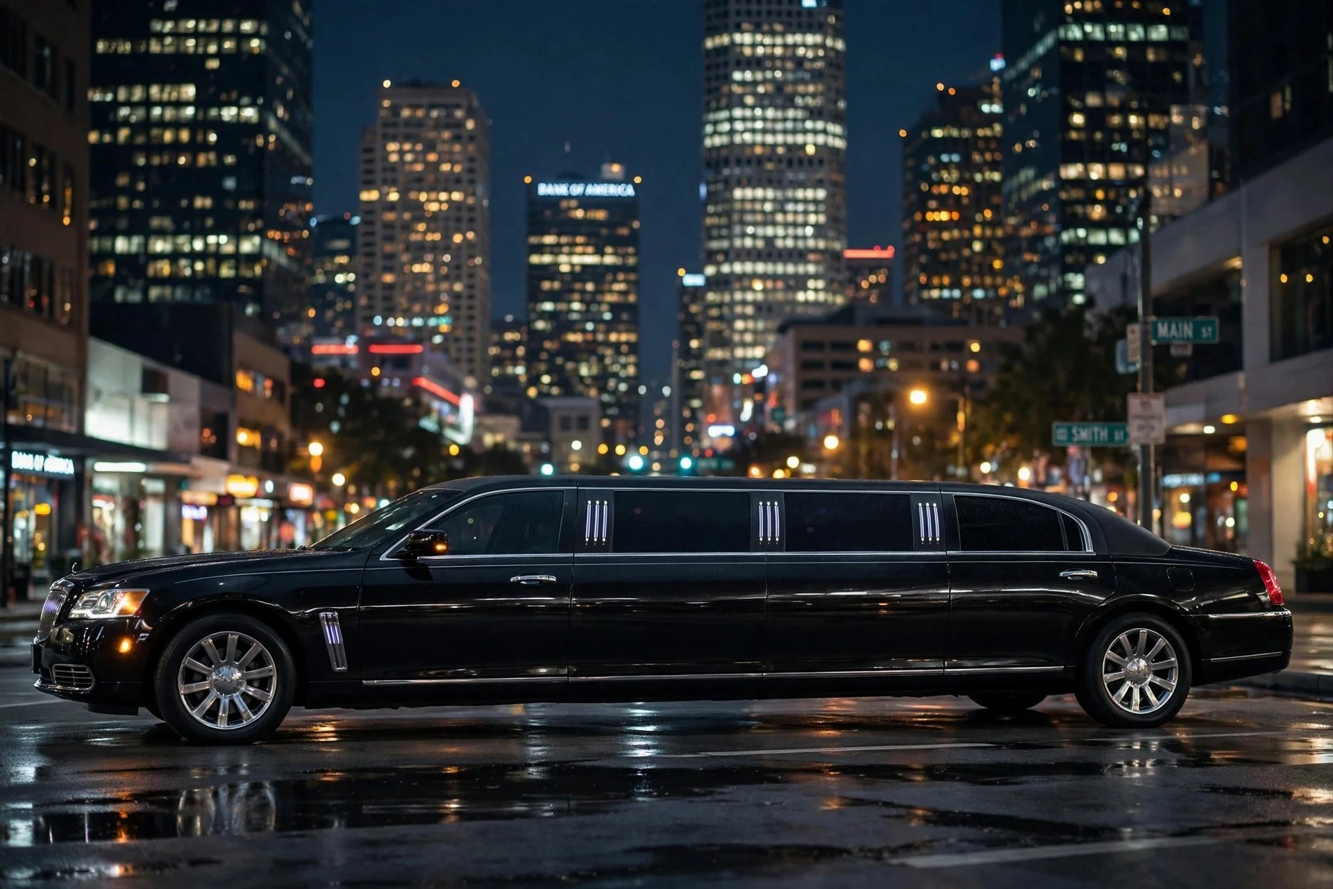 Representative black stretch limousine against a city skyline at night