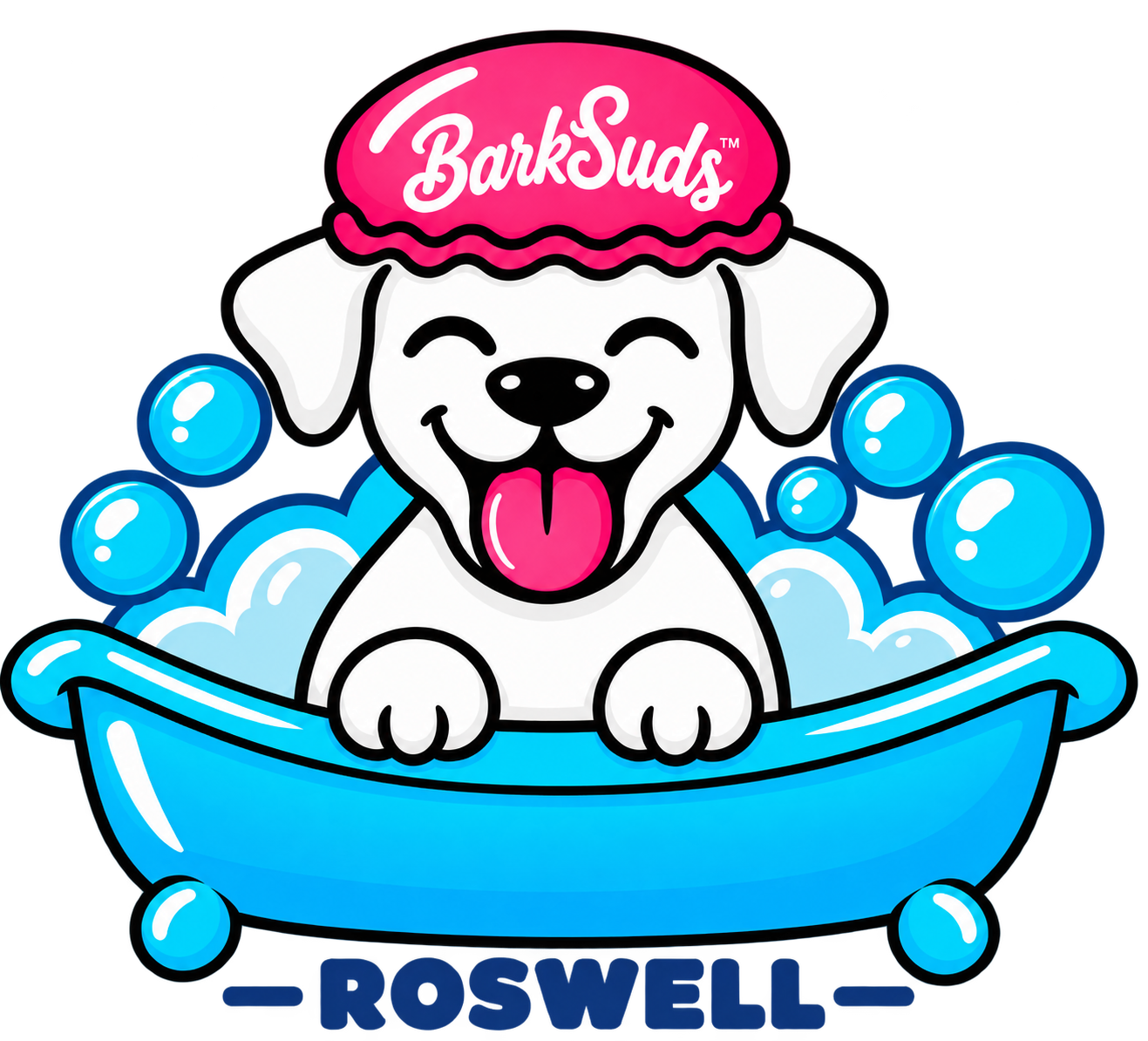 BarkSuds Roswell puppy in bubble bath mascot