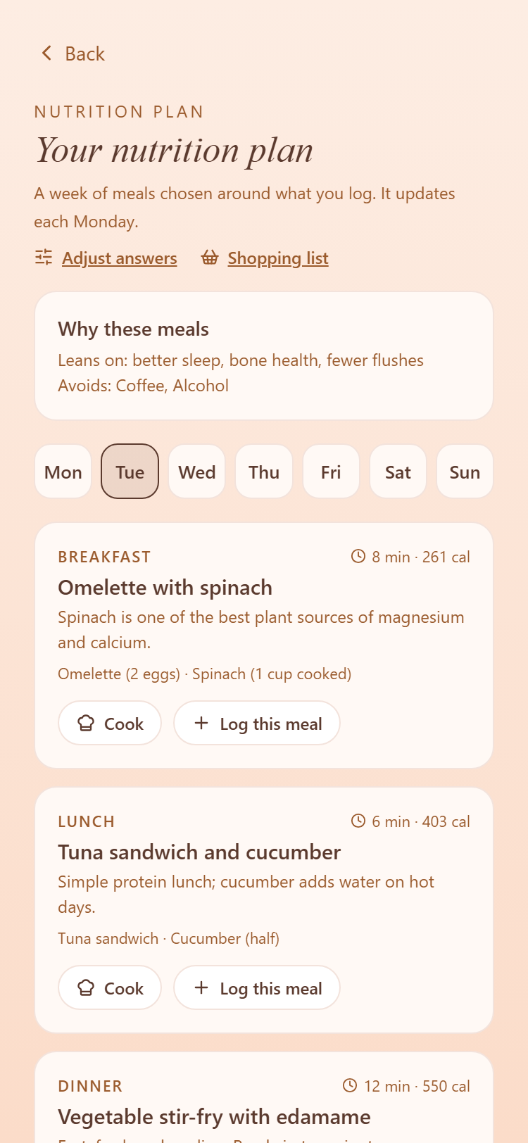 Nutrition plan screen