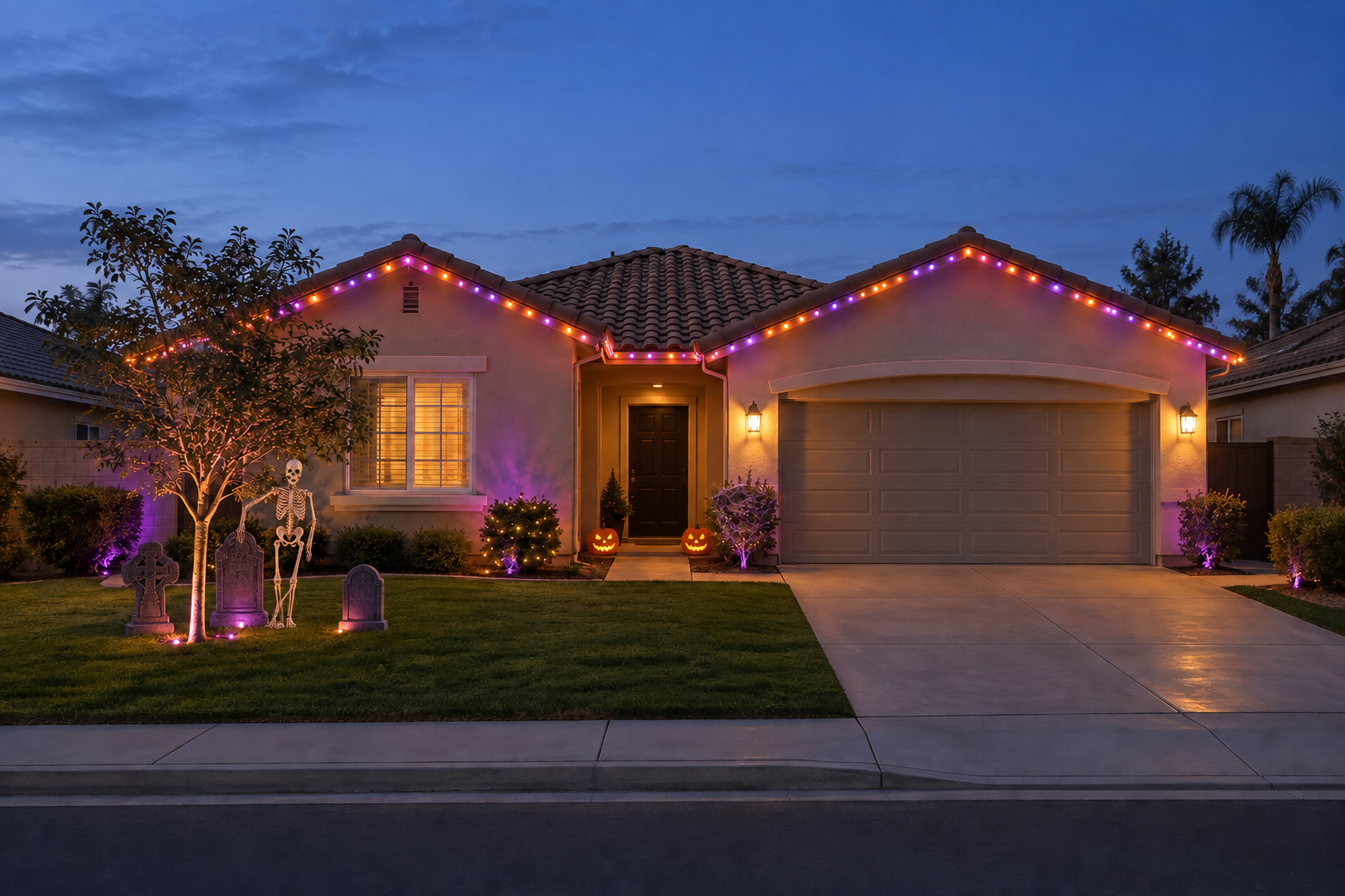 Modest single-story home with orange and purple Halloween roofline lights, pumpkins and a few lawn decorations