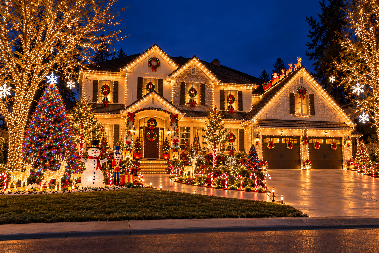 The same large home with elaborate Christmas roofline lights, trees, wreaths and yard decorations