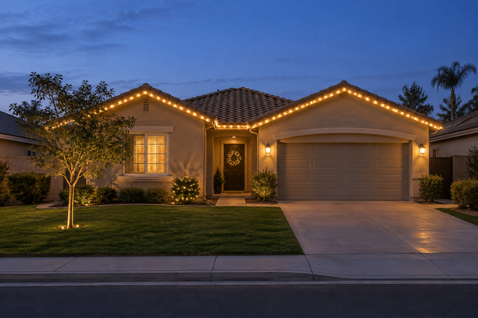 The same modest home with warm white Christmas roofline lights and a wreath