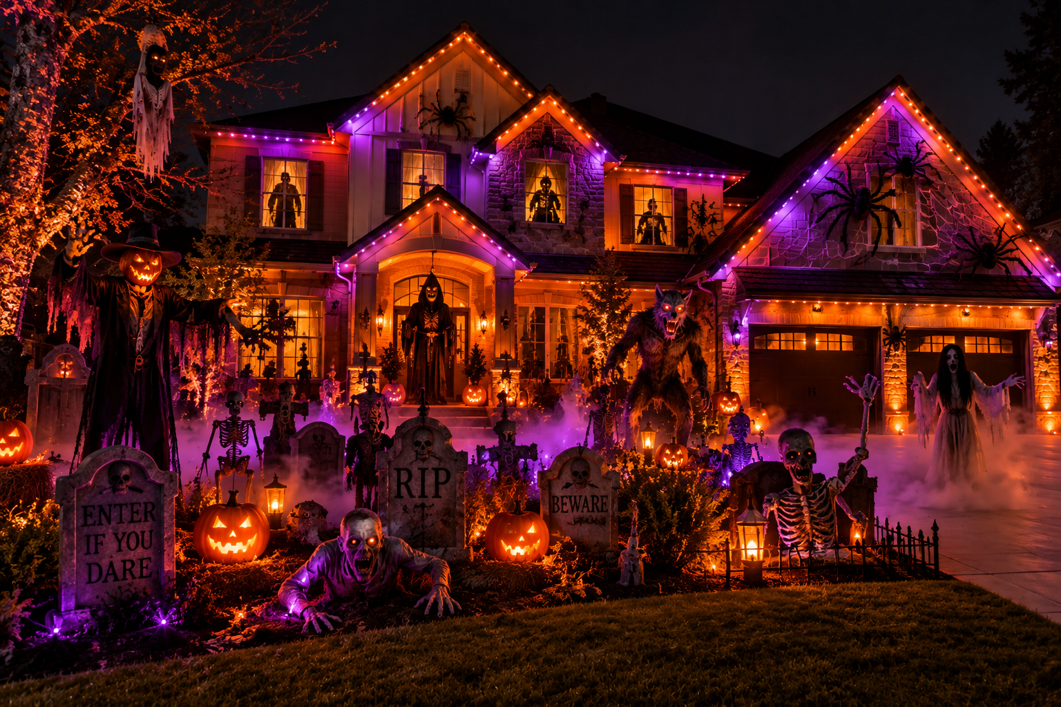 Large Halloween display with orange and purple roofline lights, animatronic characters, skeletons and pumpkins