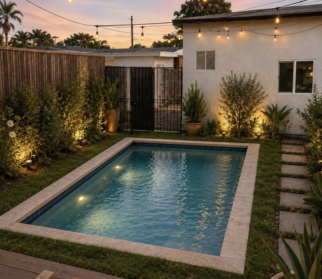 Backyard pool with string lights at dusk