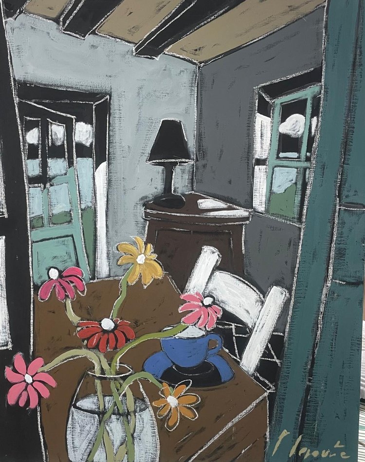 Le premier café — peinture de Fabricia Lepoutre, 92 × 73 cm