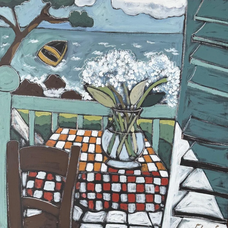 Le petit cabanon au bord des rochers — peinture de Fabricia Lepoutre, 90 × 90 cm
