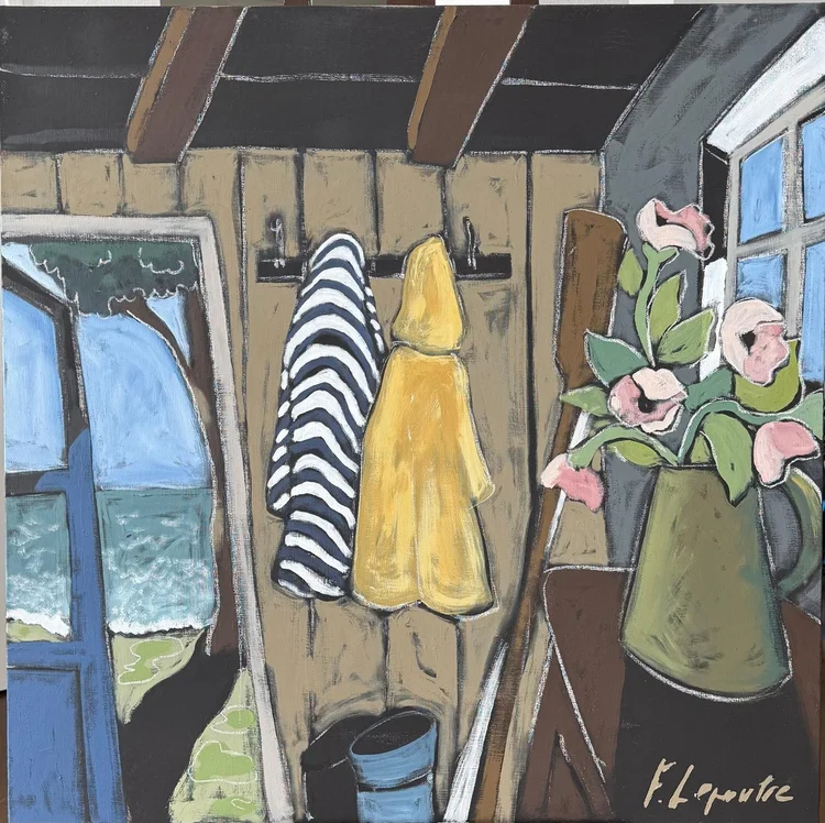 Balades et coquillages — peinture de Fabricia Lepoutre, 100 × 100 cm