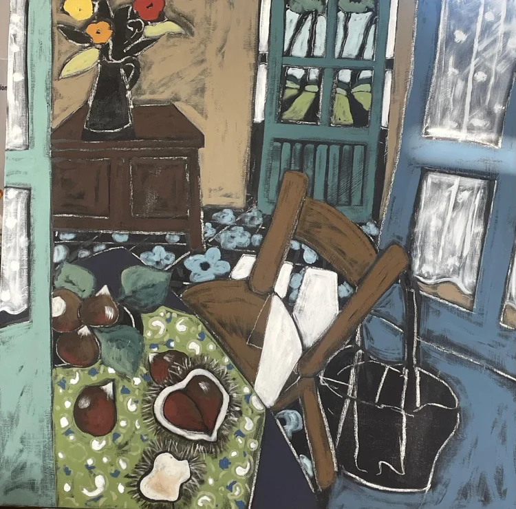 La cueillette des châtaignes — peinture de Fabricia Lepoutre, 110 × 110 cm