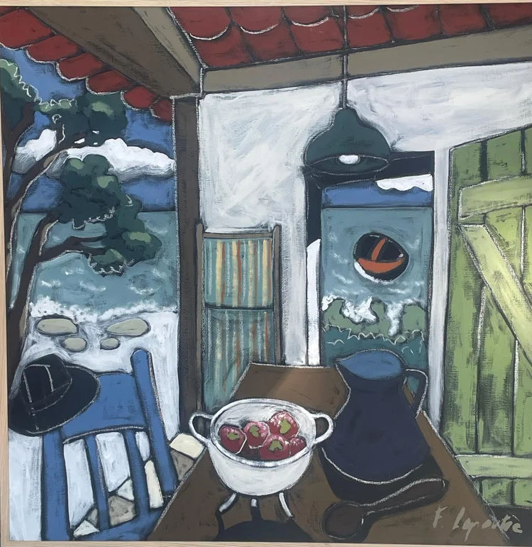 Cueillette des fraises — peinture de Fabricia Lepoutre, 100 × 100 cm
