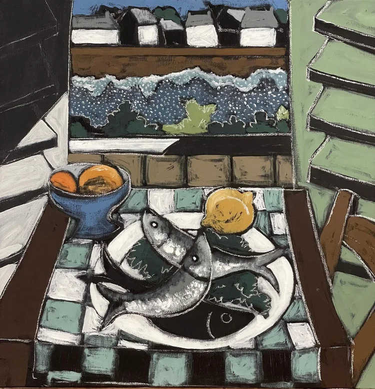 Bonne pêche — peinture de Fabricia Lepoutre, 80 × 80 cm
