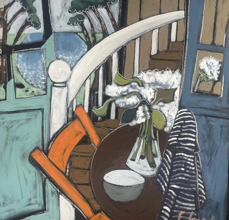 La Chaise orange — peinture de Fabricia Lepoutre, 90 × 90 cm