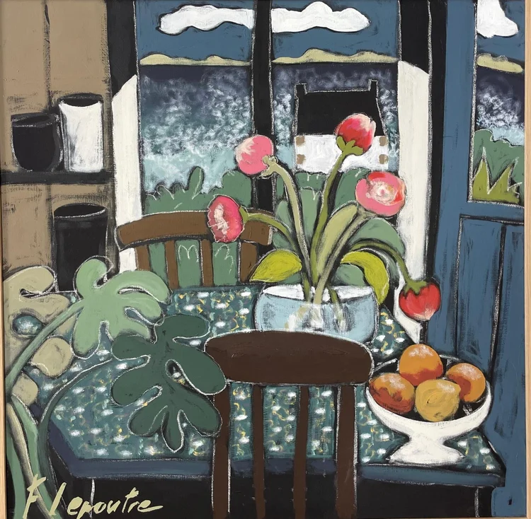 La maison du large — peinture de Fabricia Lepoutre, 100 × 100 cm