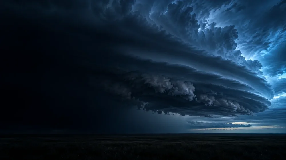 Atmospheric storm-cloud artwork in deep blue