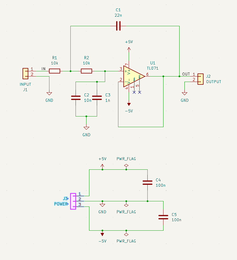 KiCad schematic of the Sallen-Key filter with TL071, connectors, and decoupling capacitors