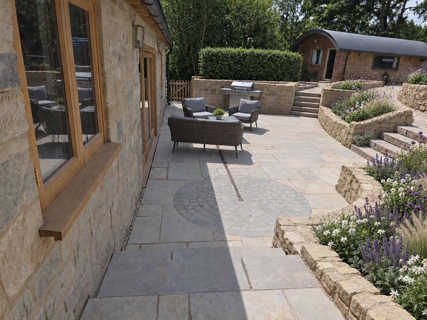 Photo-based visualisation of the house and terrace with lounge seating, barbecue, hedge screening and fuller planting.