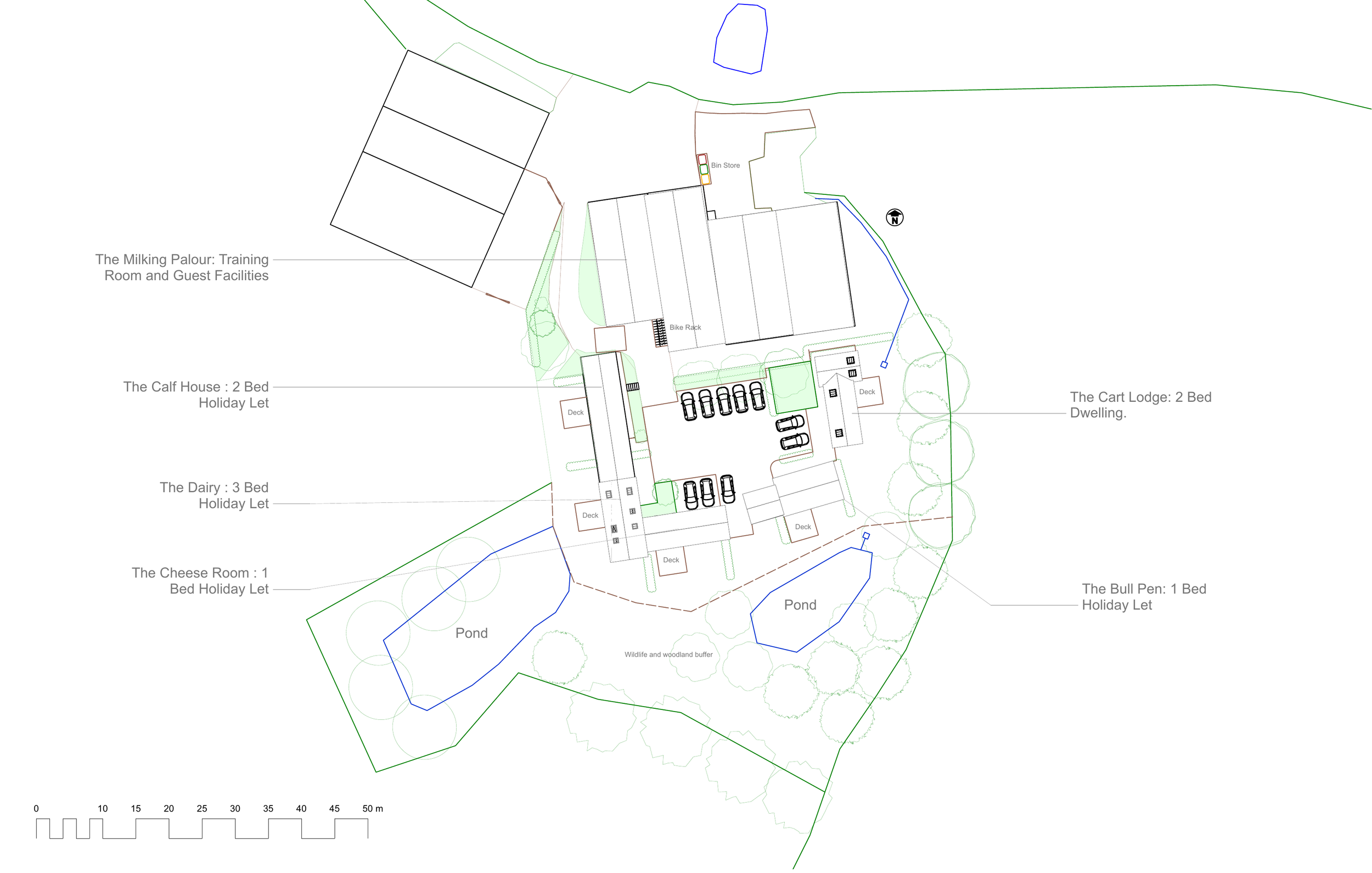 The approved arrangement of the dwelling, four holiday units, communal facilities, parking and woodland buffer around the existing farmyard.