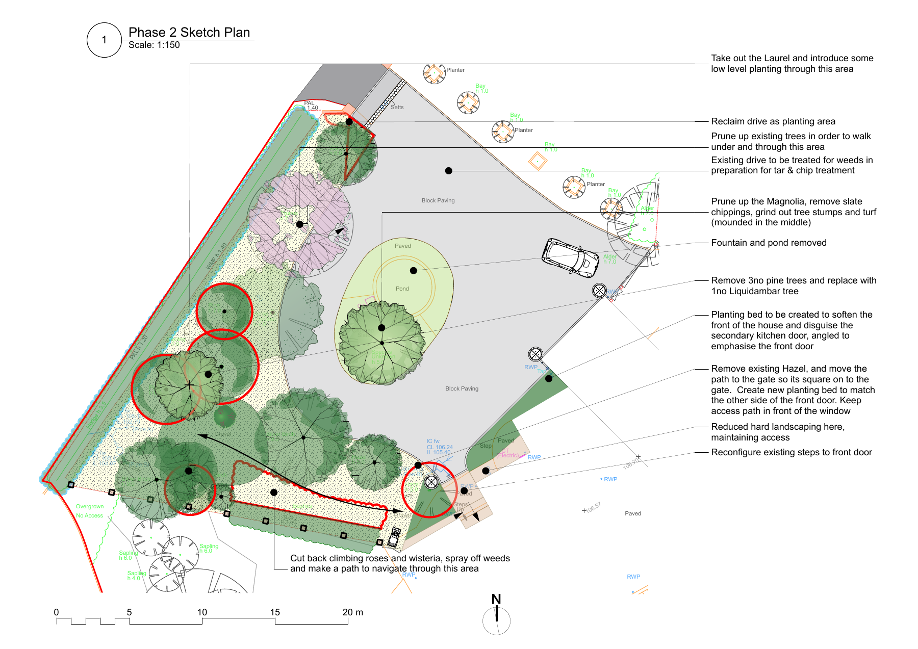 Phase two plan showing revised arrival routes, trees, planting and areas of hard surface to be reconsidered.