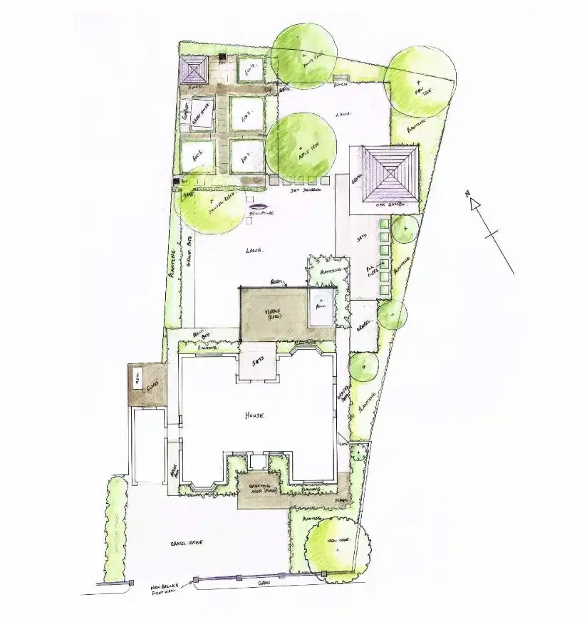 Whitegates sketch plan showing the connected front and rear garden design.