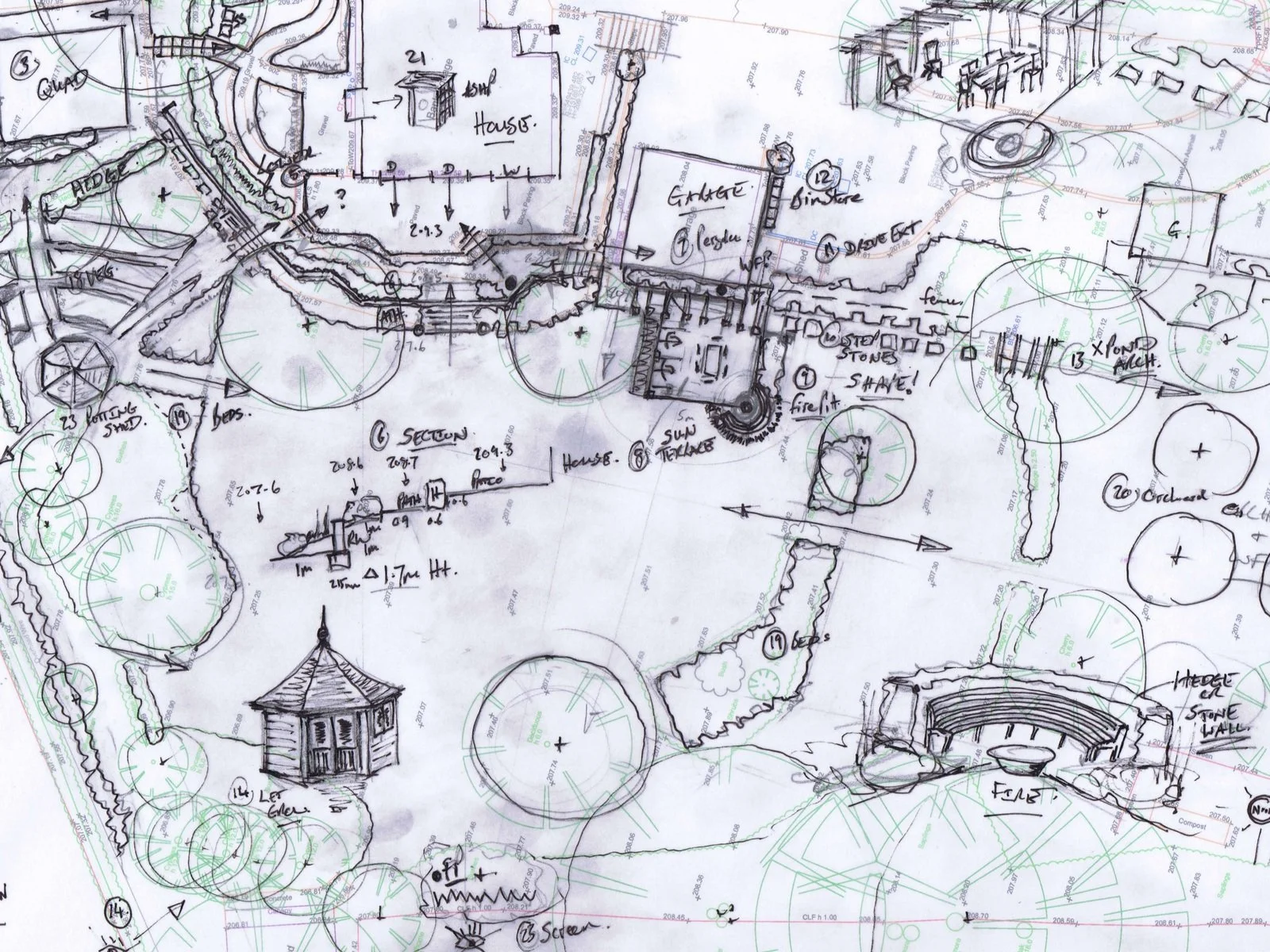 An early hand-drawn site study explores terraces, garden rooms and places to sit, with perspective sketches and handwritten notes.