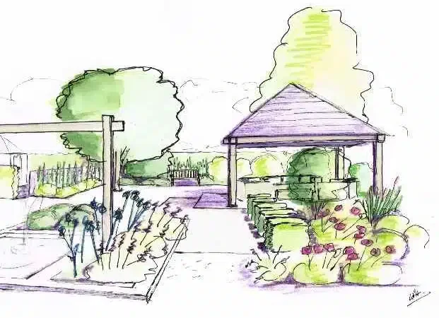 Proposed Whitegates garden perspective with gazebo, pond and planting.