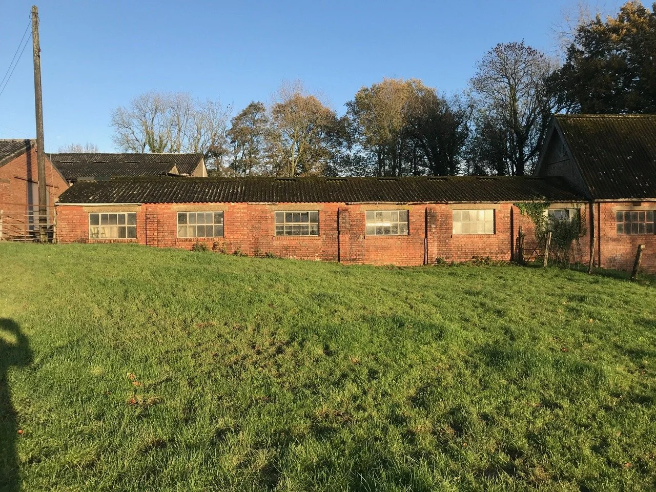 Sunlight on the brick farm buildings and timber gable, seen from the grass outside the old yard.