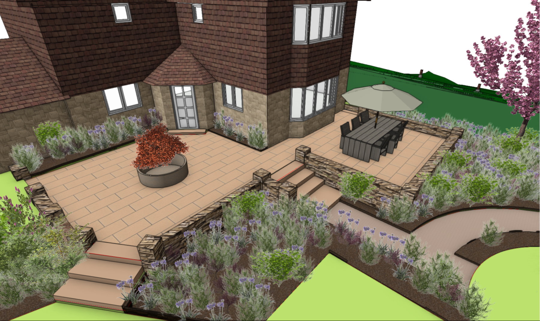 Design visualisation of an extended terrace, stone retaining walls, broad steps and planted borders beside the house.