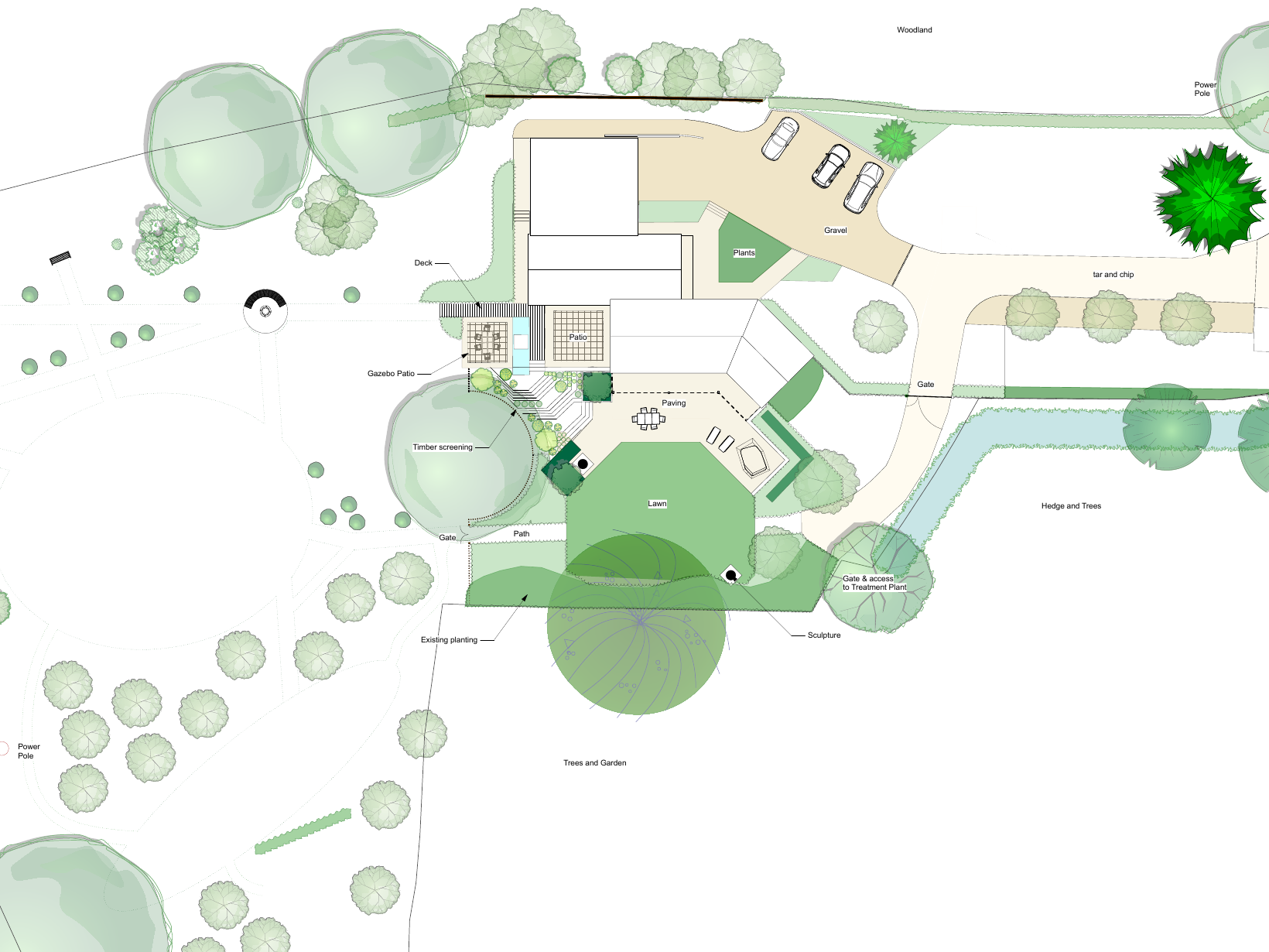 A cropped landscape design showing the home, terraces, garden and wider setting as one plan.