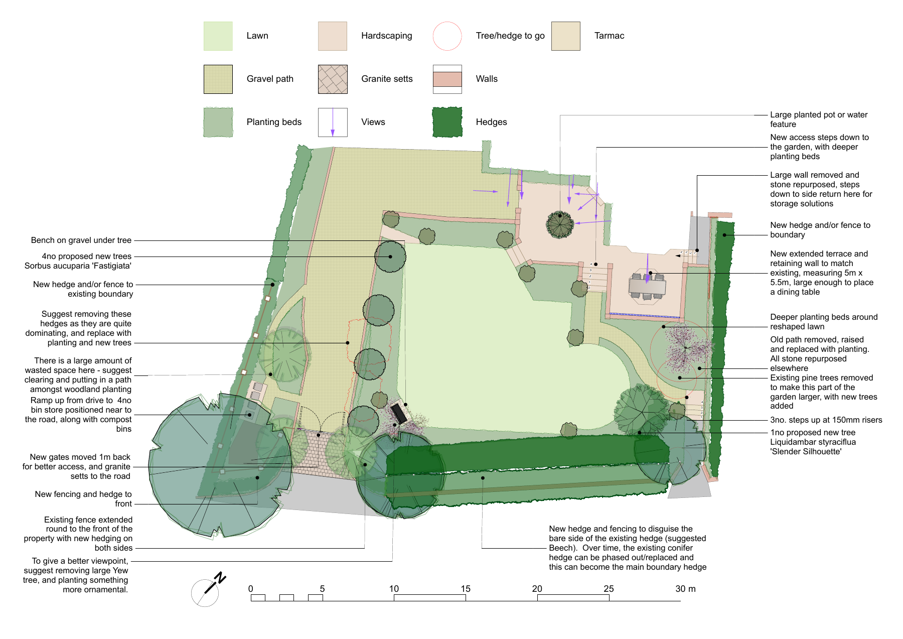 Design plan connecting a proposed dining terrace, planted steps, lawn, paths and revised arrival.