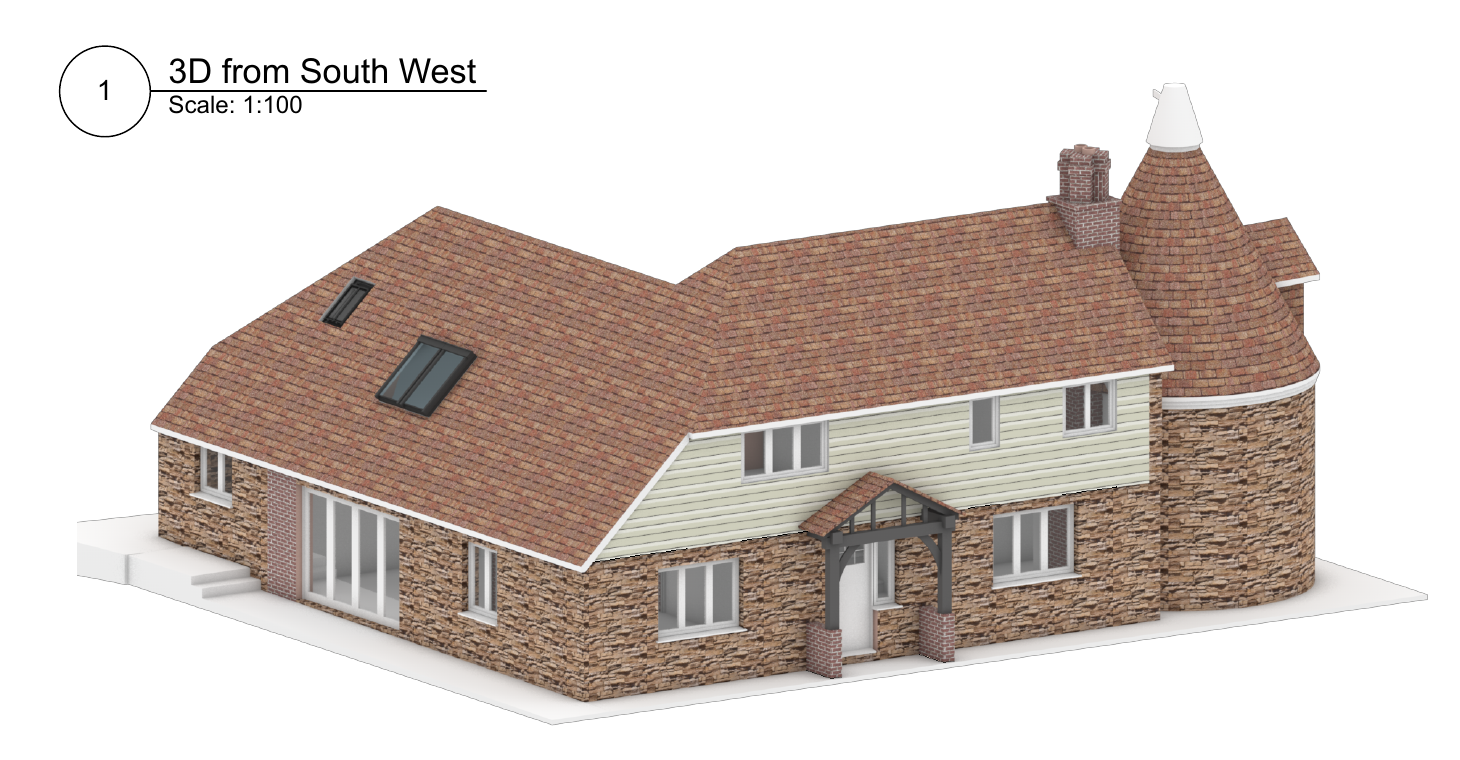 A 3D design model of The Oast House shows its catslide roof, stone walls, timber cladding and entrance.