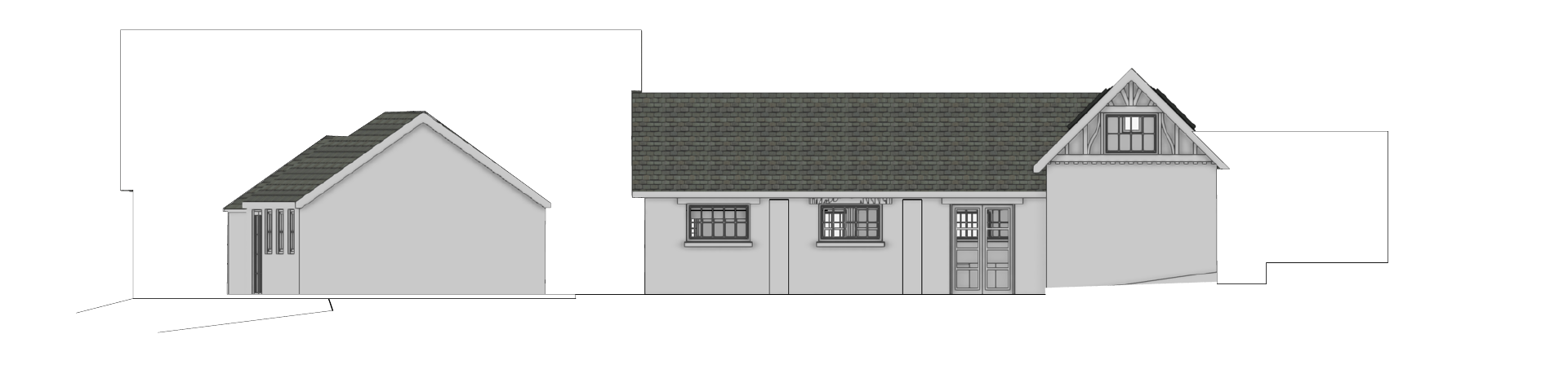 Proposed east elevation, with later additions removed and the earlier rural building forms retained.