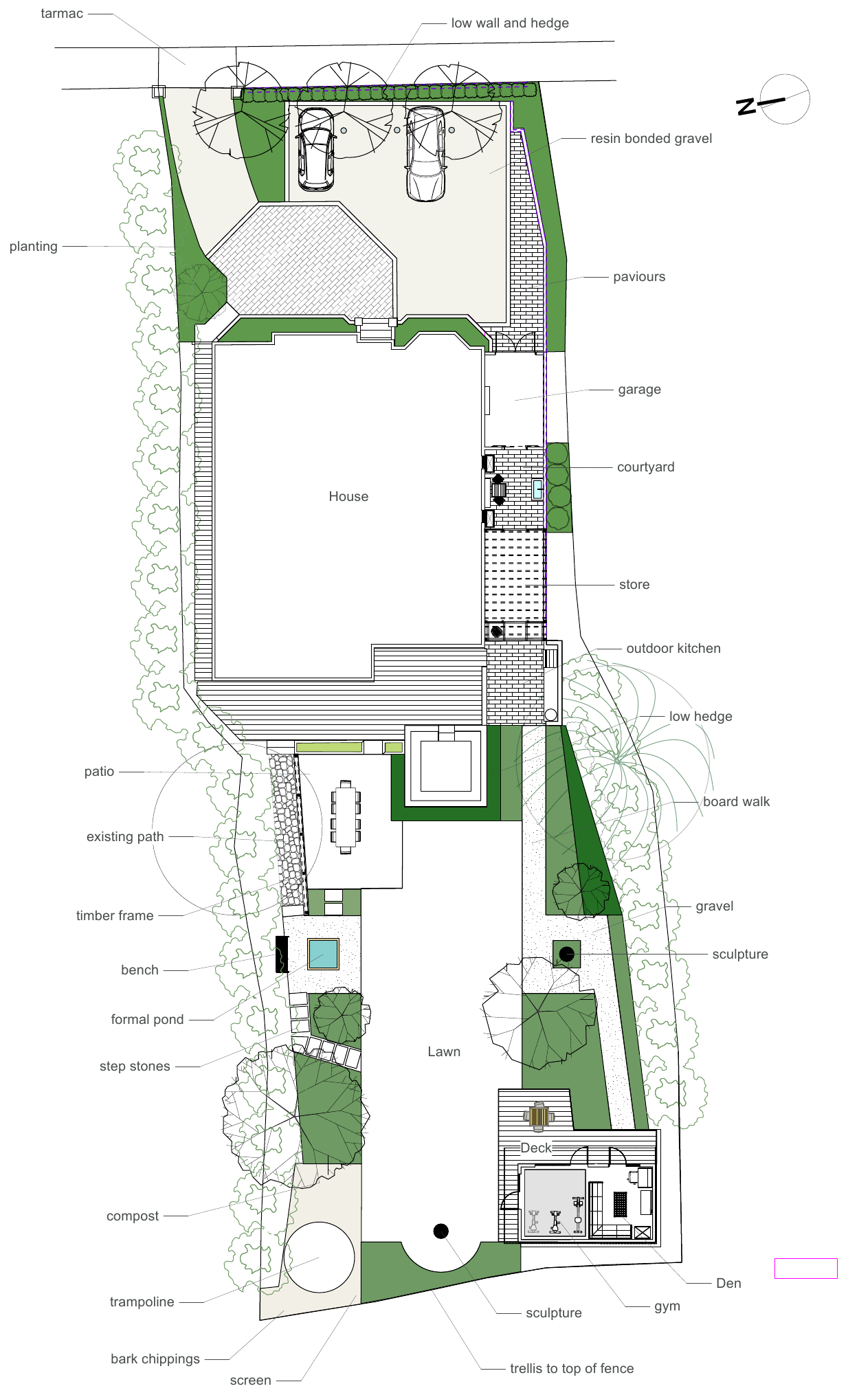 Original February 2021 masterplan connecting the driveway, garage, courtyard, garden spaces and garden room across the whole property.