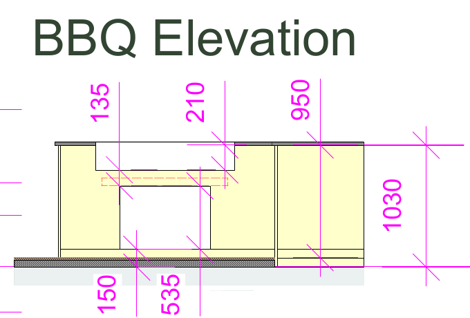 Design-development elevation showing the built-in barbecue opening and surrounding construction dimensions.