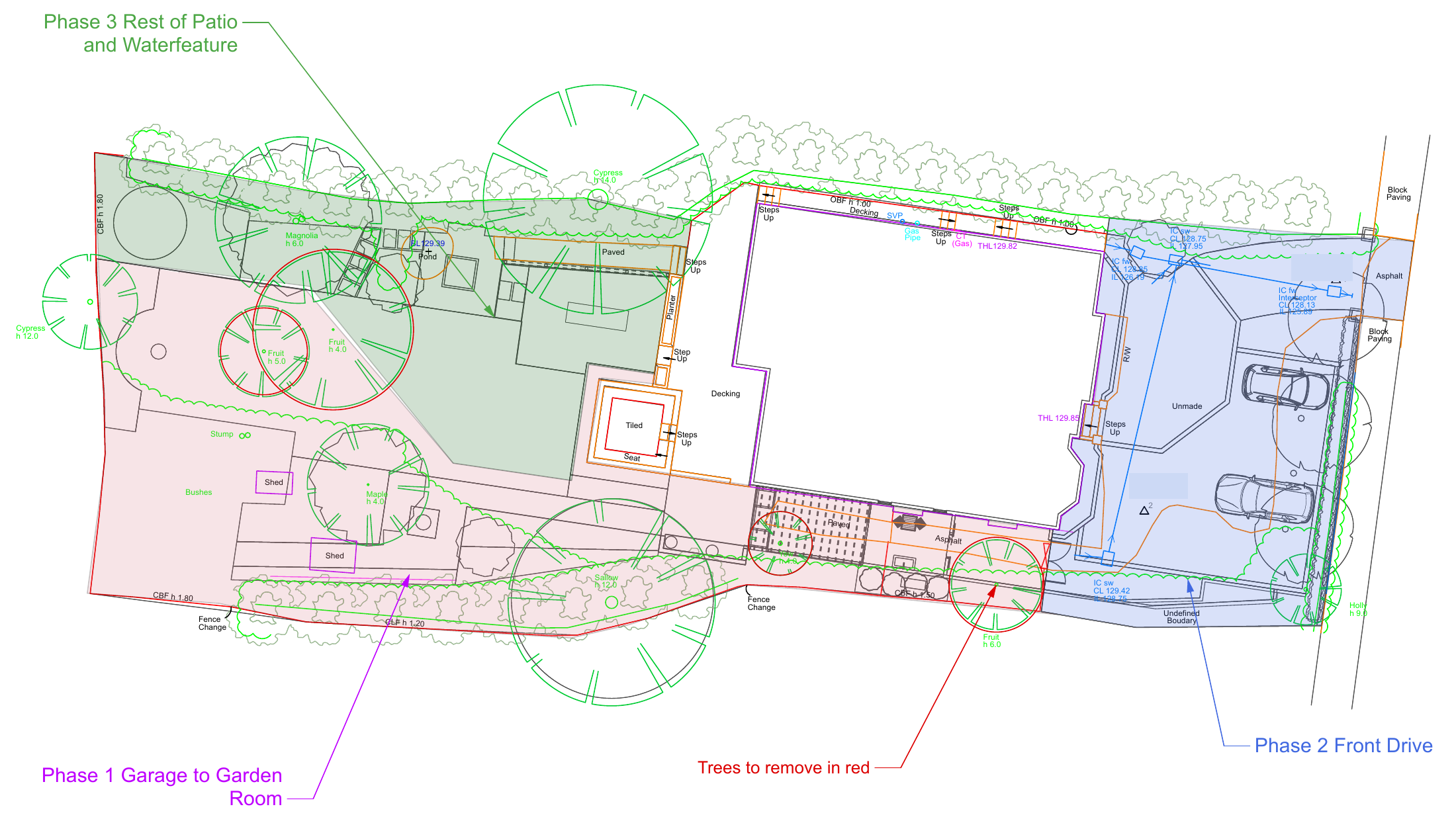Early phase plan showing separate coloured areas for garage-to-garden-room works, the front drive, and the remaining patio and water feature.