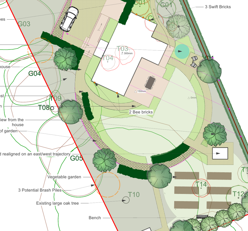 Landscape-plan detail showing the angled cottage, terrace, circular lawn, paths, hedges and productive garden.