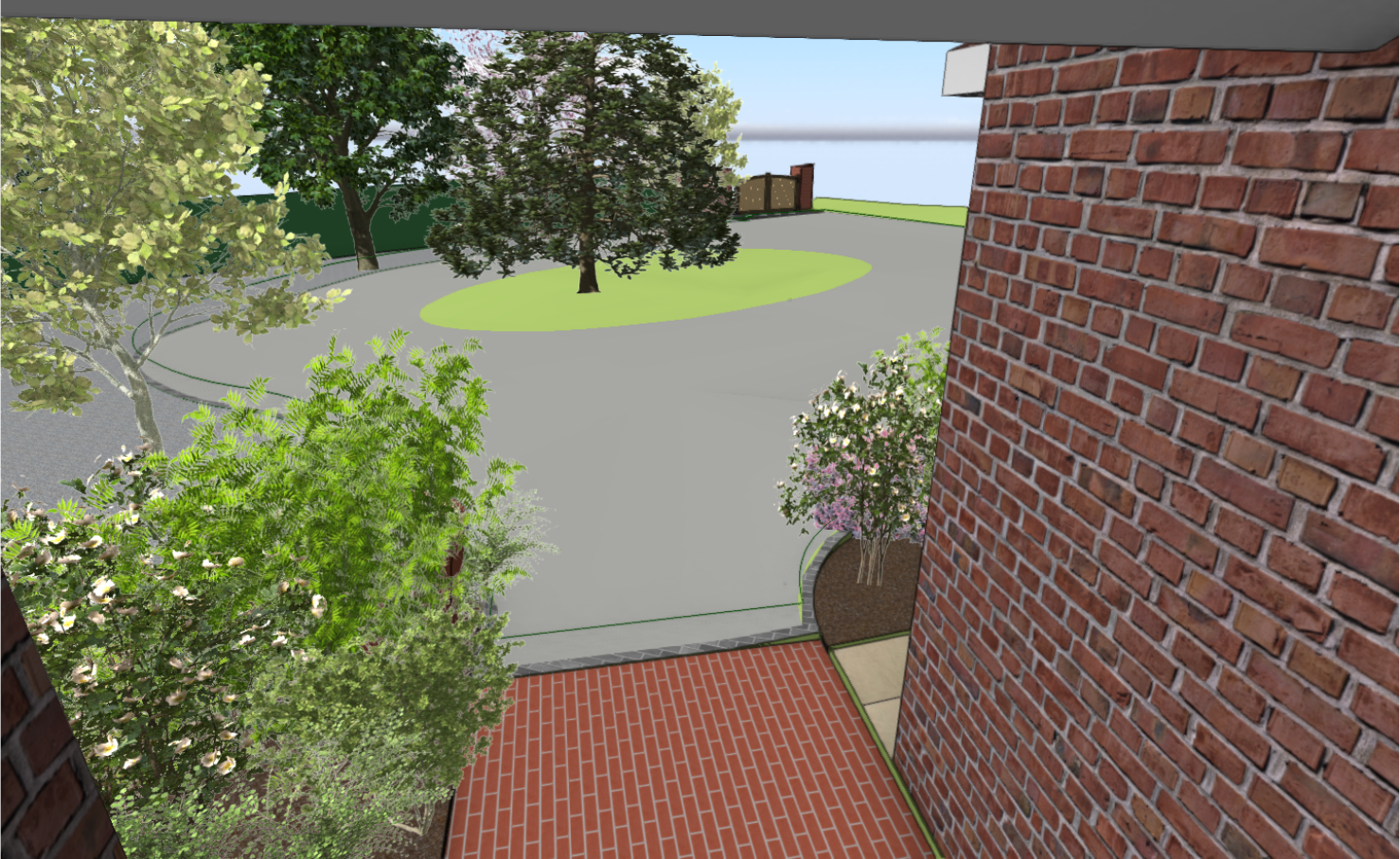 Design view from the front doorway towards a reshaped planted arrival and central tree island.