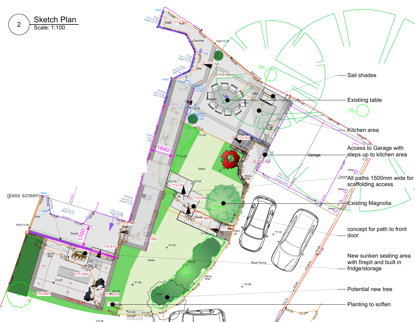 Garden design plan linking the outdoor kitchen and dining terrace with paths, the existing magnolia and a separate sunken firepit lounge.