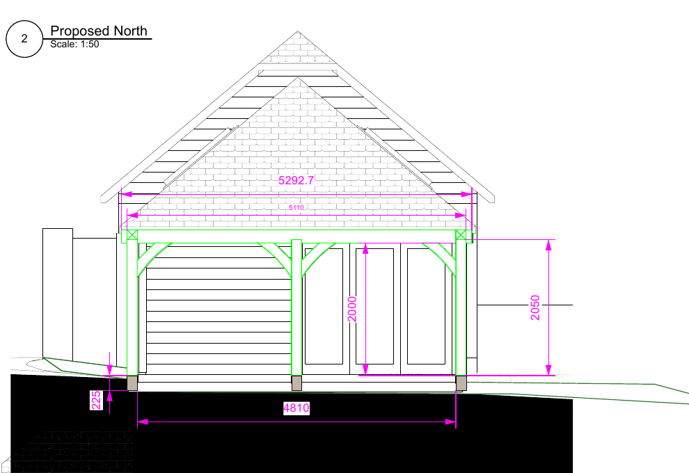 Construction-stage elevation showing the timber frame, roof shape, glazed doors and coordinated dimensions.
