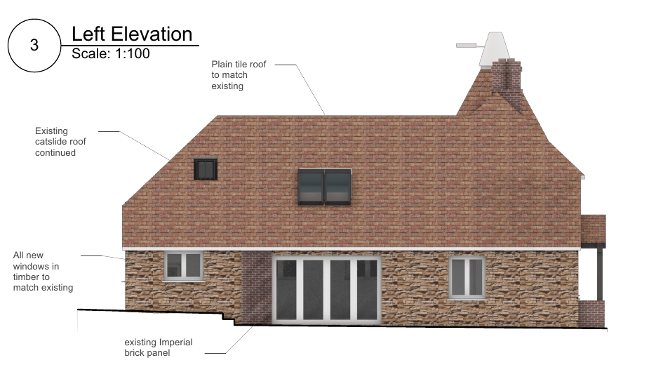 Proposed elevation showing a long catslide roof, retained rural character and adjusted openings.