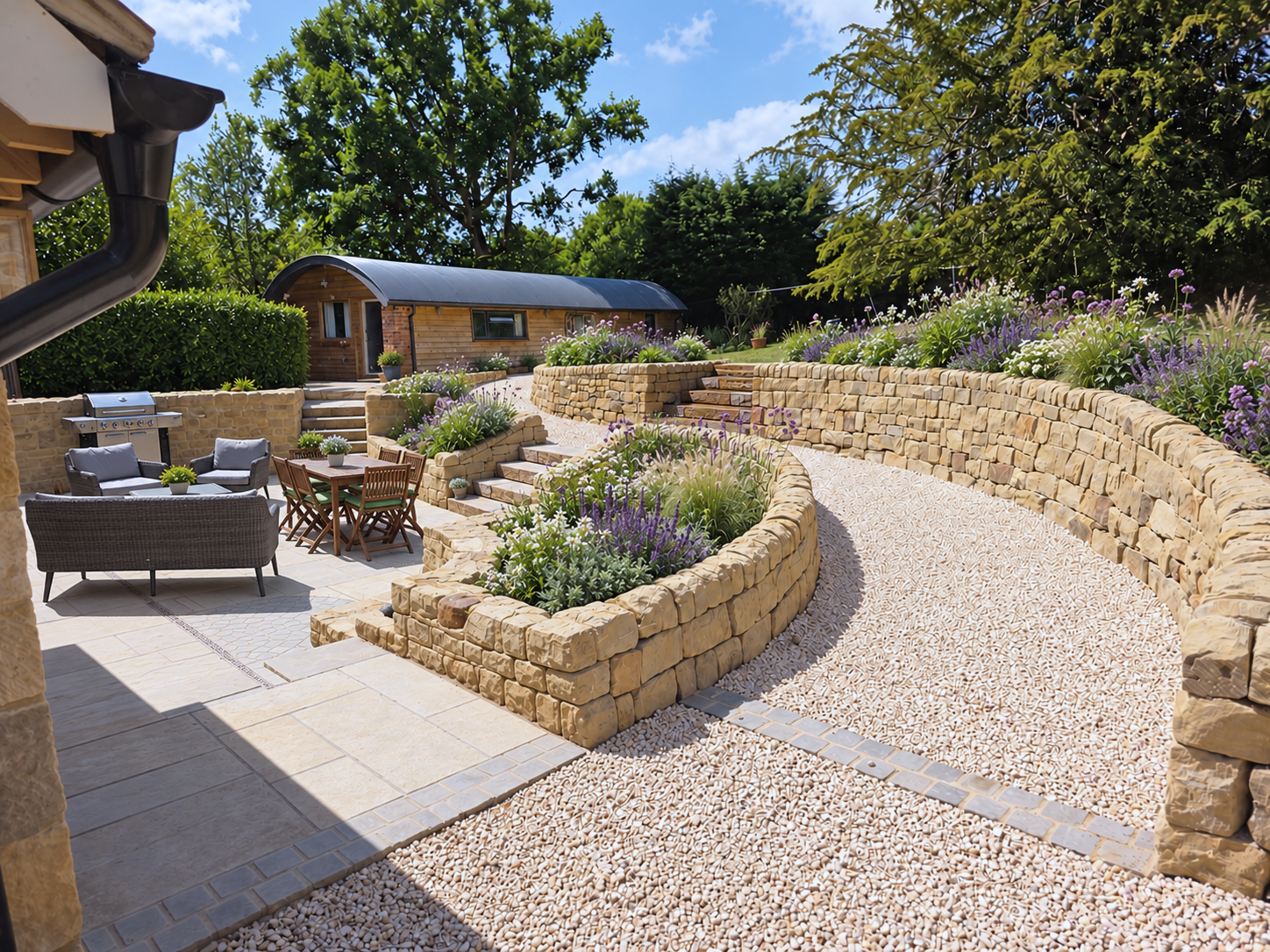 Photo-based planting and styling visualisation showing the curved stone terraces, steps and gravel paths with fuller planting.