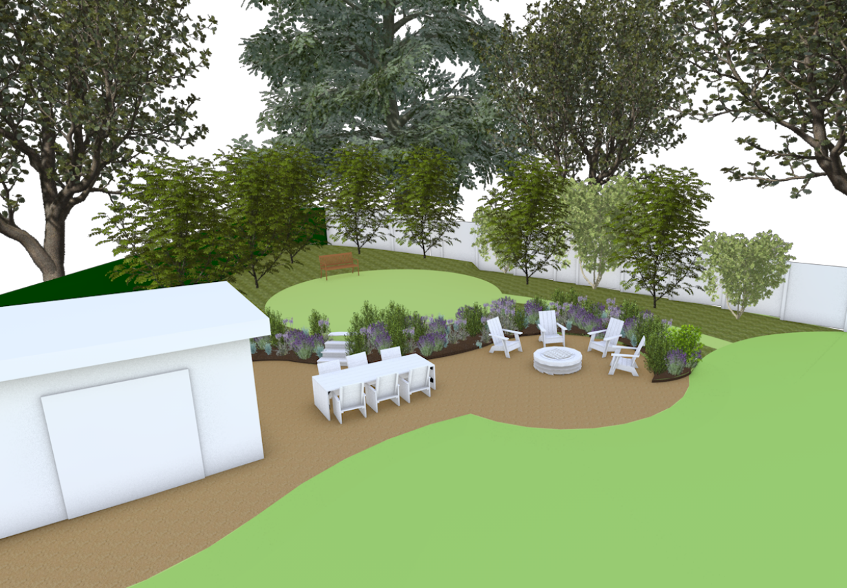 Design visualisation of dining and firepit seating beside an existing garden room, framed by curved planting beds and lawn.
