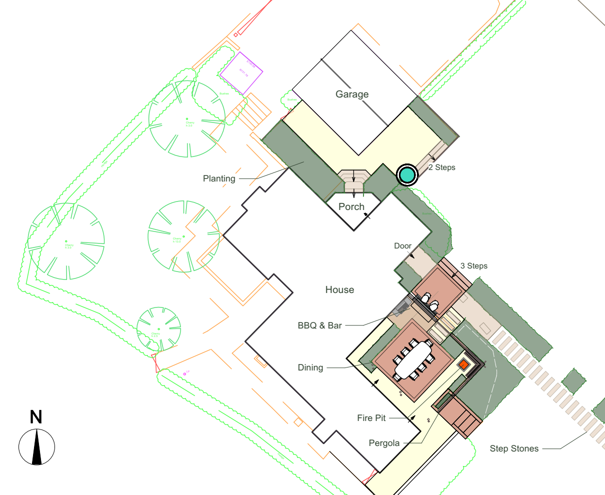 Sketch-plan detail showing the porch, dining terrace, seating and routes into the garden.