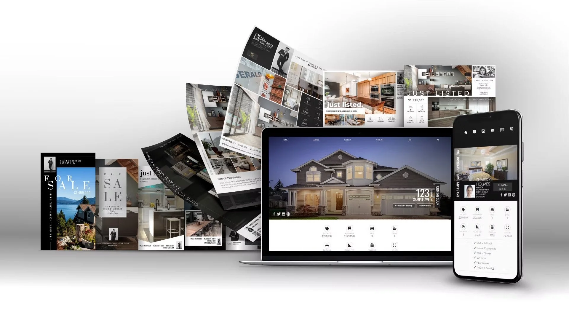 HomeTourVision BOOST Marketing Kit featuring a laptop, mobile phone, property websites, and listing marketing materials