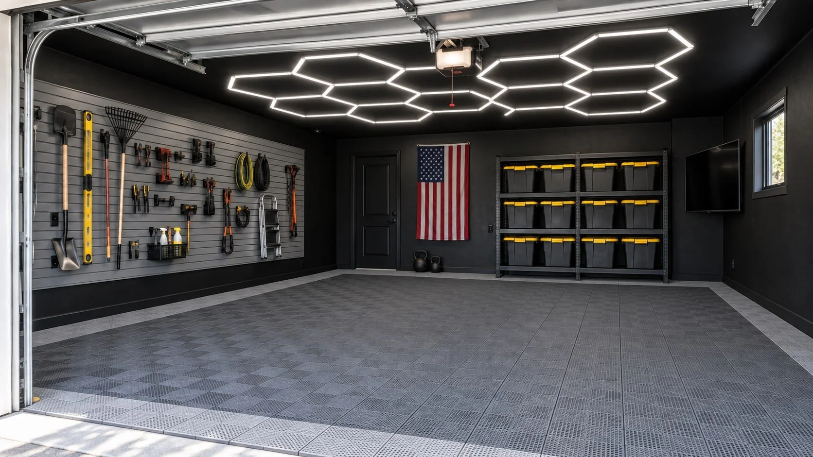Garage concept with black walls, hexagon LED lights, gray-border drainage tiles, slatwall tools, twelve storage totes, a vertical American flag, kettlebells and a wall-mounted TV.