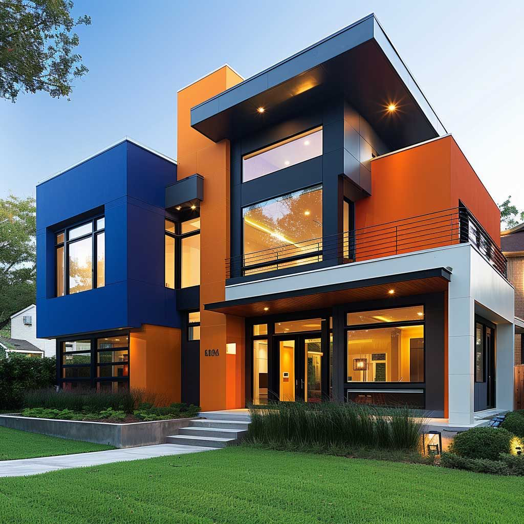 Illustrative modern residential exterior with blue, orange and white paint