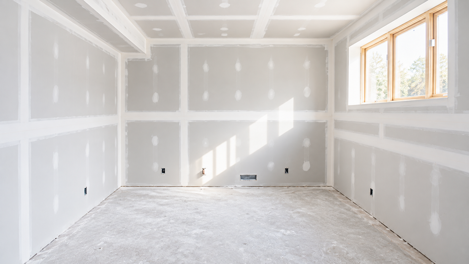 Illustration of drywall walls and ceiling with smooth joint compound finishing
