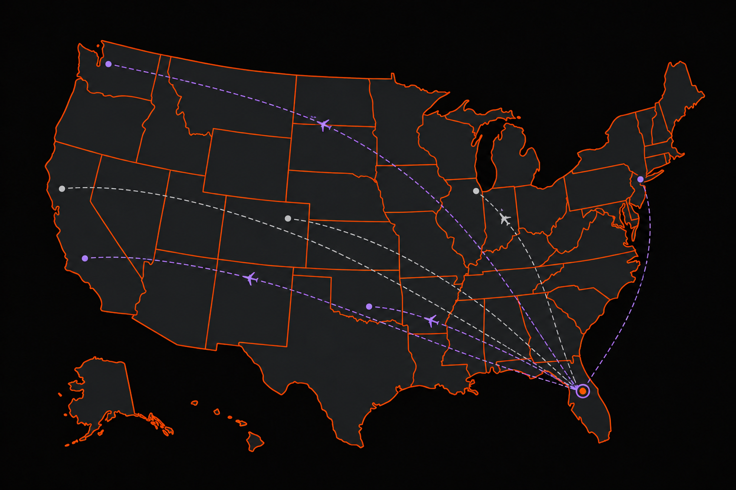 Illustrative United States map with aerial routes from Orlando, Florida