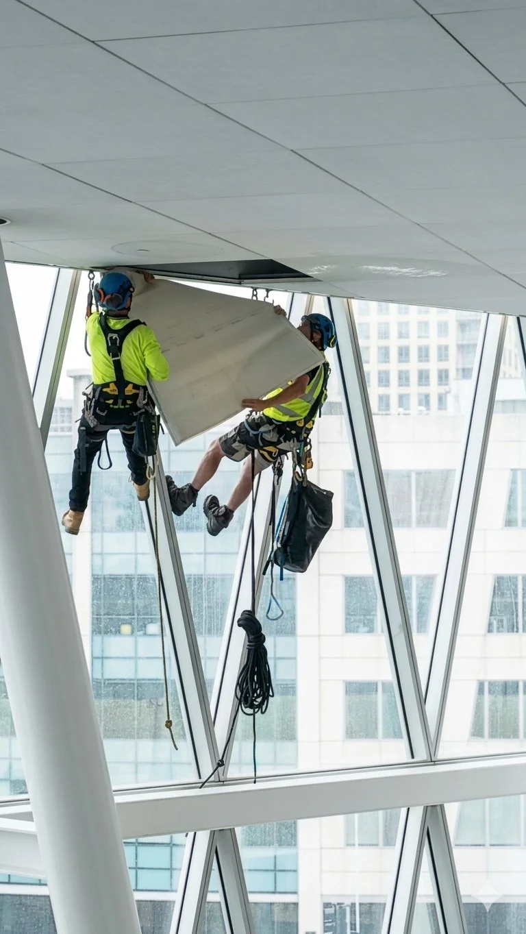 Technicians using rope access inside a glazed atrium